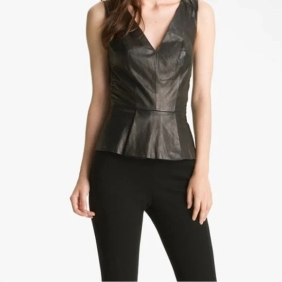 Robert Rodriguez Black V-Neck Leather Sleeveless Peplum Top Mesh Back Size 8 - Picture 7 of 9